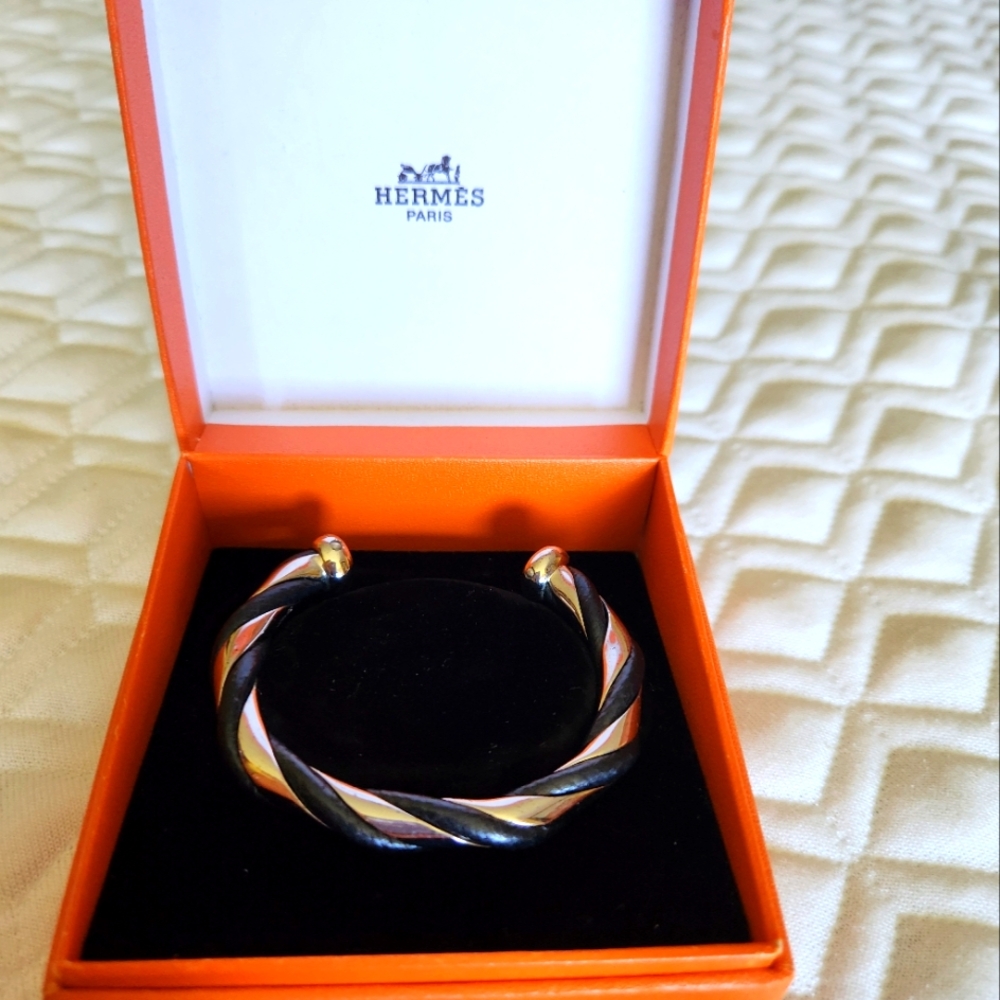 New, Hermès Bracelet, Torsade Silver & Black Leather Twist Bangle, Open Cuff